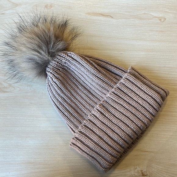 Camel & Natural Pompom Fur Beanie - Picture 2 of 2